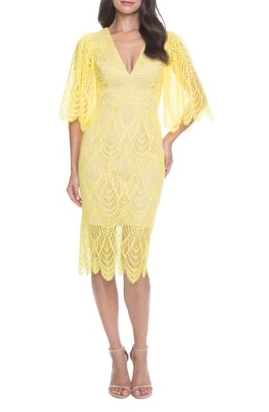 NWT Dress the Population Mia Angel Sleeve Lace YELLOW Midi Dress Size Small